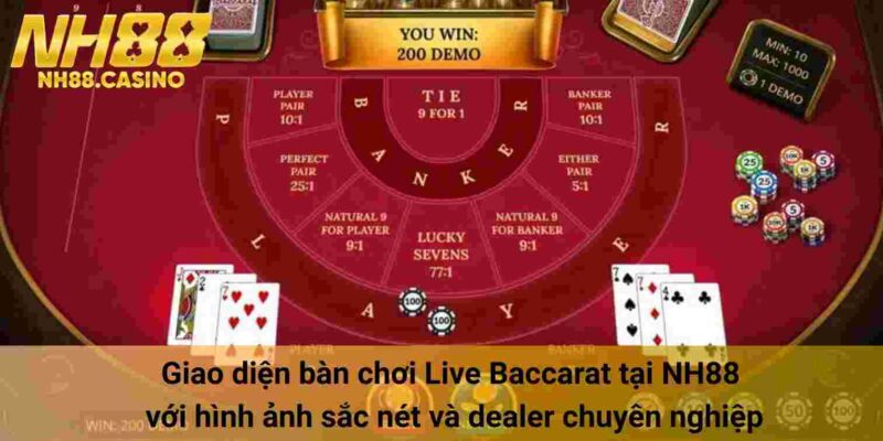 Giao diện bàn chơi Live Baccarat tại NH88 với hình ảnh sắc nét và dealer chuyên nghiệp
